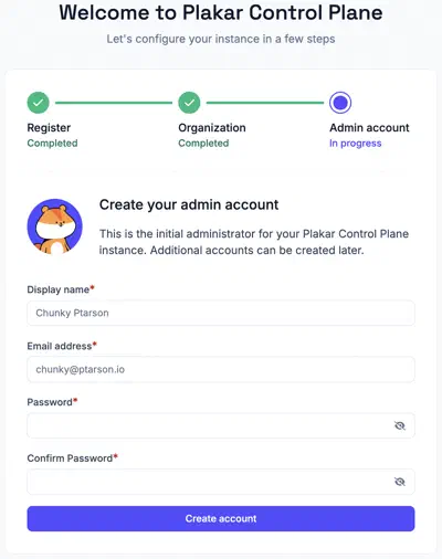 Creating the admin account