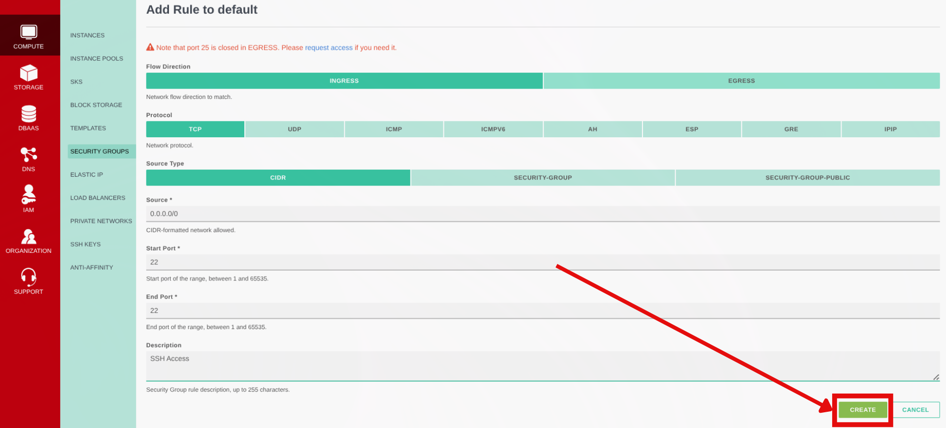 Setup security group rules