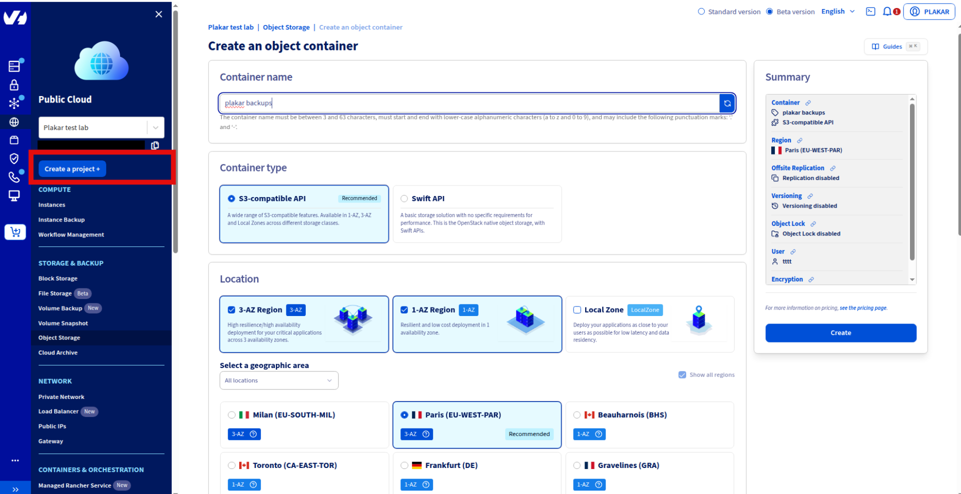 Create a new object storage