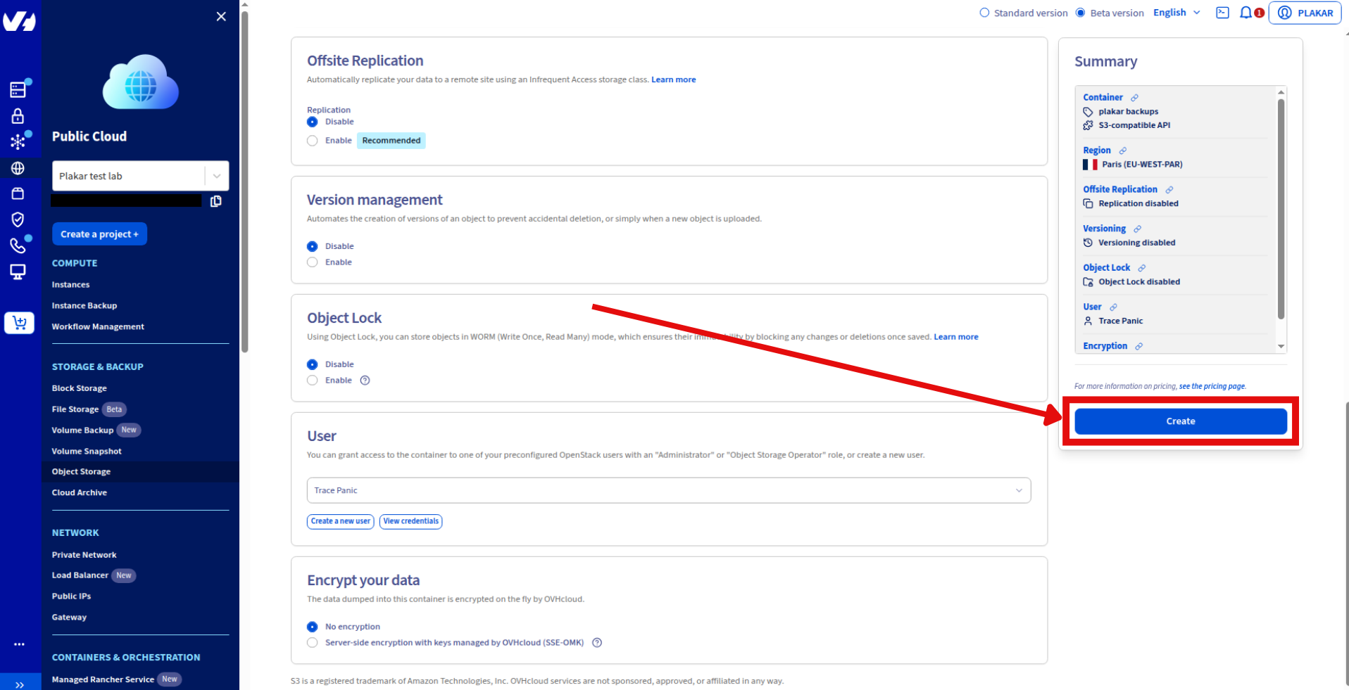 Create a new object storage