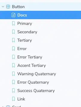 The Button component in Storybook with all its variants visible in the sidebar