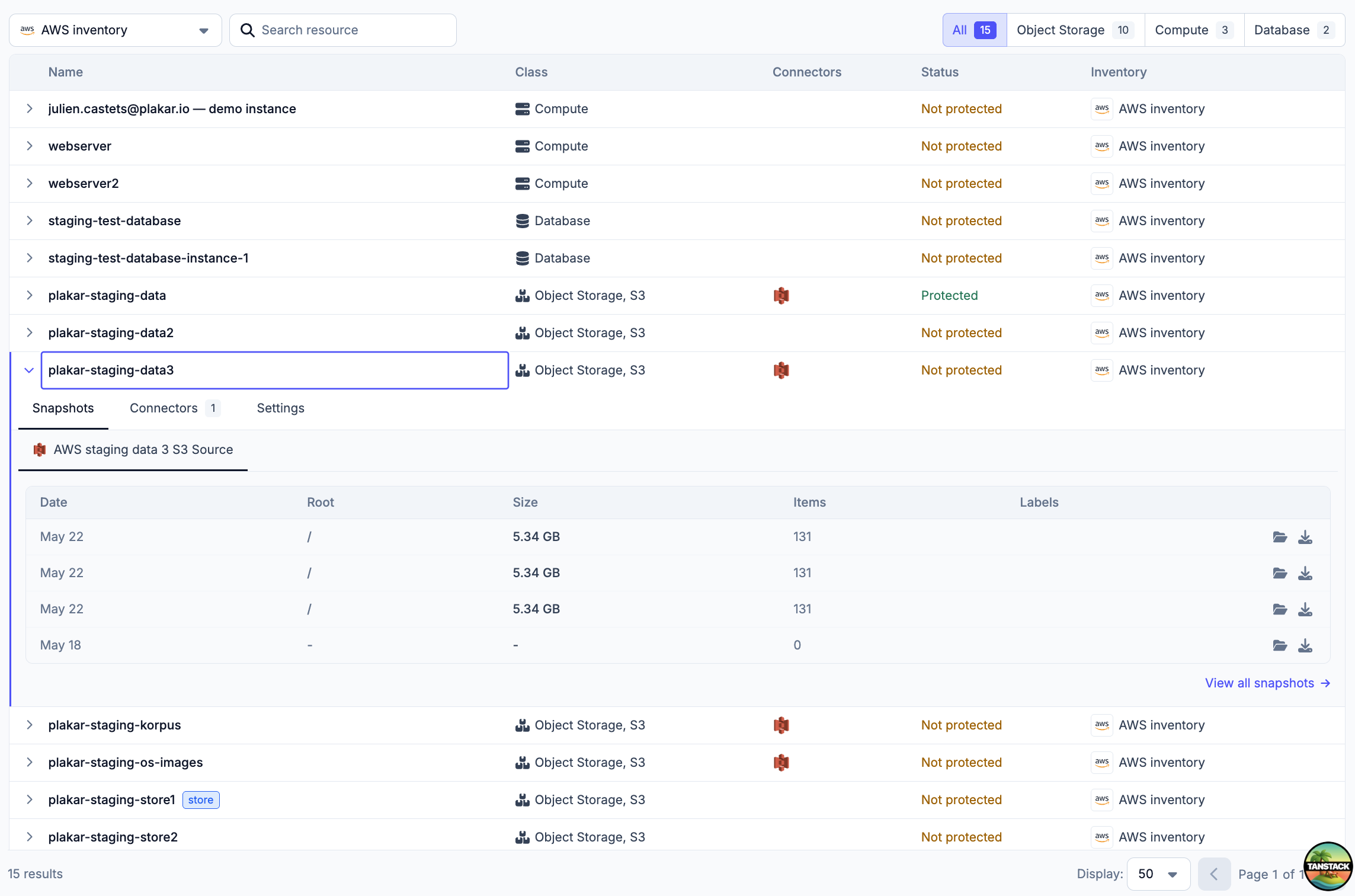 A Plakar table in context – the inventories view with pagination controls